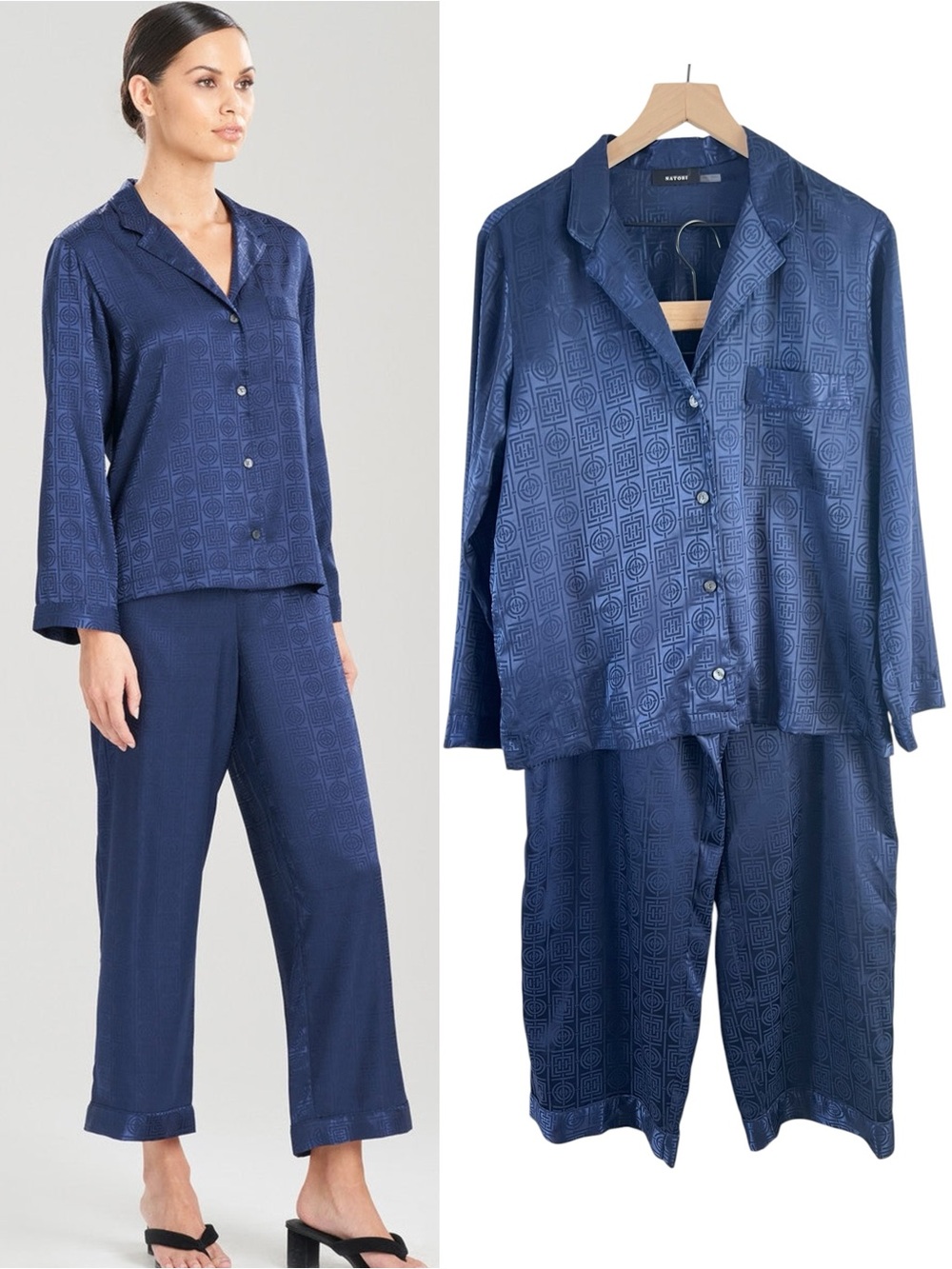 Natori Infinity Jacquard PJs Midnight Navy Blue Pajamas Set size Medium